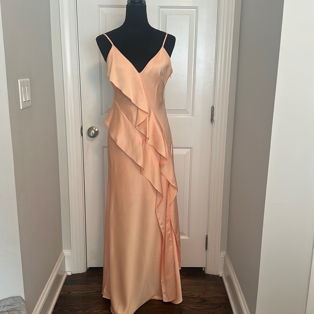 Gianni Bini Peach Ruffle Satin Gown Asymmetrical Ruffle detail with slit